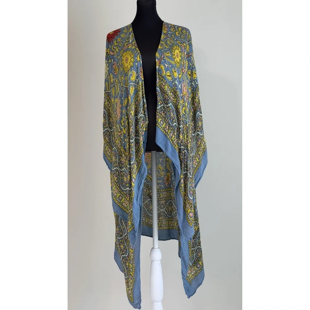Free People Floral Paisley Kimono Cardigan Boho Open Front Rayon One Size